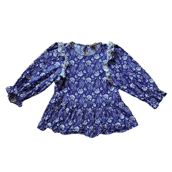 Universal Thread Floral Peasant Blouse Cottegecore Prairie Blue White Ruffle - Picture 1 of 8